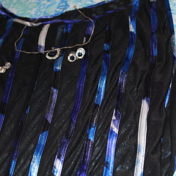 Striped BlueTone sheer overlay Swing style Cocktail Dress black lining size L - Picture 4 of 7